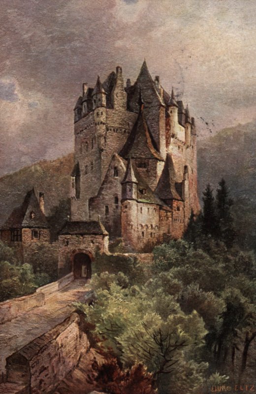Zamek Eltz, dolina Mozeli, Niemcy (kolorowa litografia) autorstwa German School