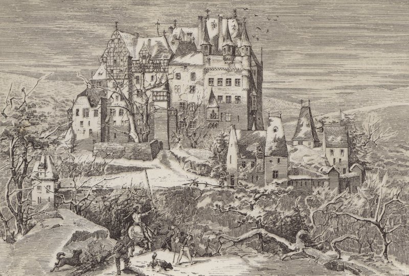Zamek Eltz, na wzgórzach nad Mozelą, Niemcy, jak wyglądał pod koniec XVI wieku (lito) autorstwa German School