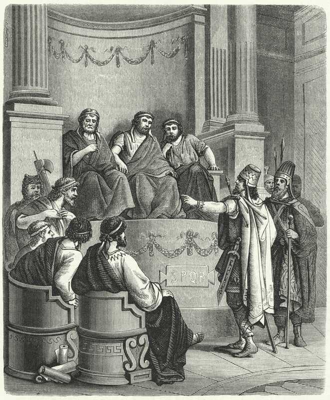 Emisariusze Eumenesa II z Pergamonu przed Senatem Rzymskim (rycina) autorstwa German School