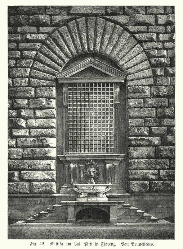 Przykład rdzy, Filippo Brunelleschi, Palazzo Pitti, Florencja, Włochy (rycina) autorstwa German School