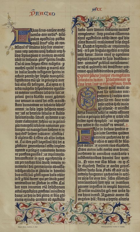 Facsilimile z 42-wierszowej Biblii łacińskiej Jana Gutenberga z 1455 r. (kolor lito) autorstwa German School