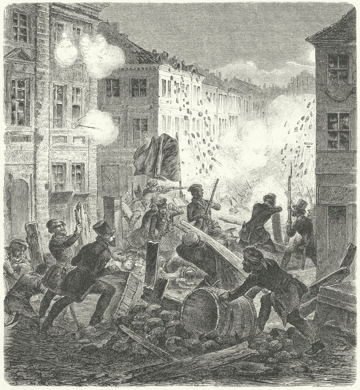 Walka na barykadzie przed ratuszem w Colln, Berlin, rewolucja 1848 r. (rycina) autorstwa German School