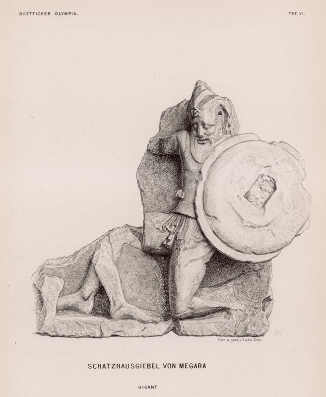 Figura olbrzyma z frontonu Skarbca Megary, Olimpia, Grecja (rycina) autorstwa German School