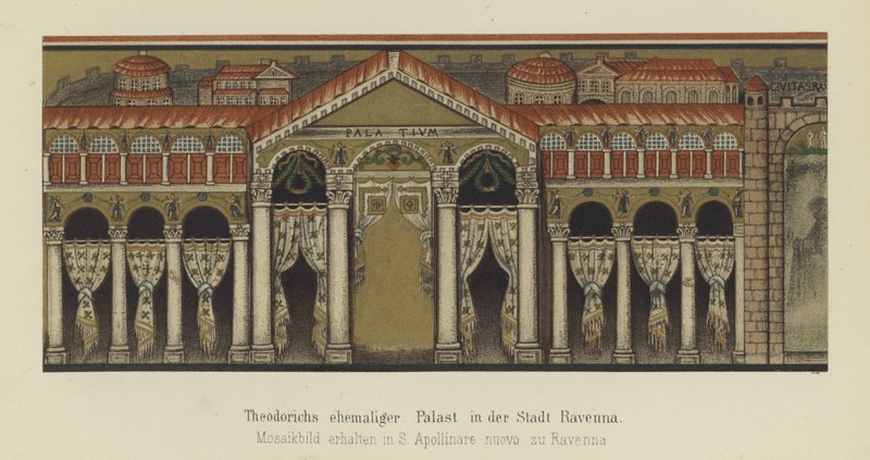 Dawny pałac Teoderyka Wielkiego, króla Ostrogotów, w Rawennie we Włoszech (kolor lito) autorstwa German School