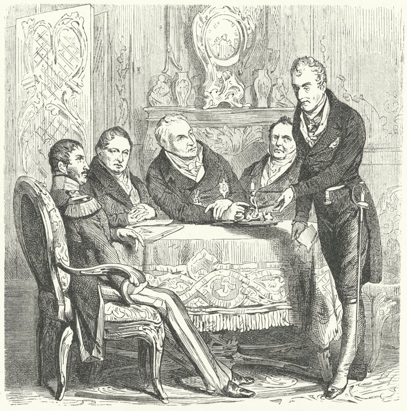 Fryderyk Wilhelm III Pruski w rozmowach ze swoim premierem Karlem Augustem von Hardenbergiem i Klemensem von Metternichem, austriackim ministrem spraw zagranicznych (rycina) autorstwa German School