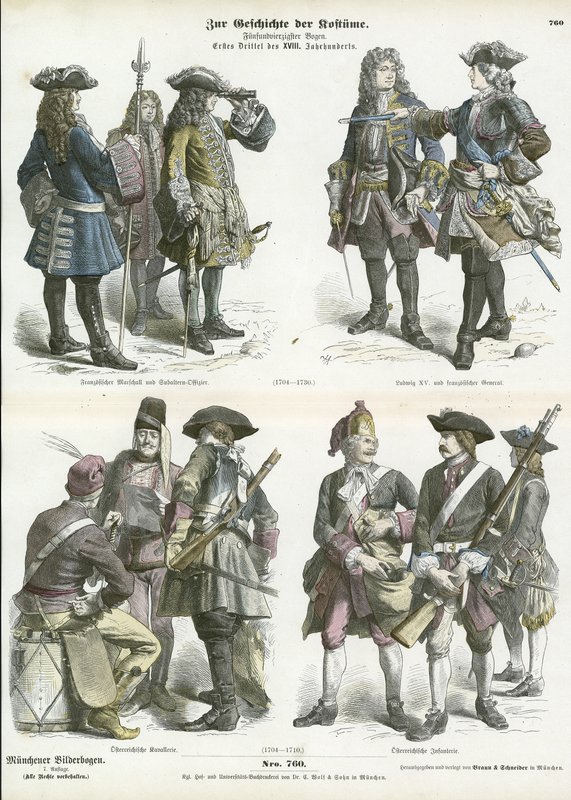 Francuskie i austriackie mundury wojskowe, początek XVIII wieku autorstwa German School
