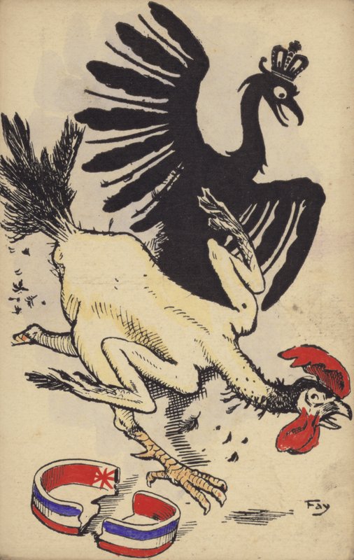 Francuski kogucik uciekający przed niemieckim orłem (kolorowa litografia) autorstwa German School
