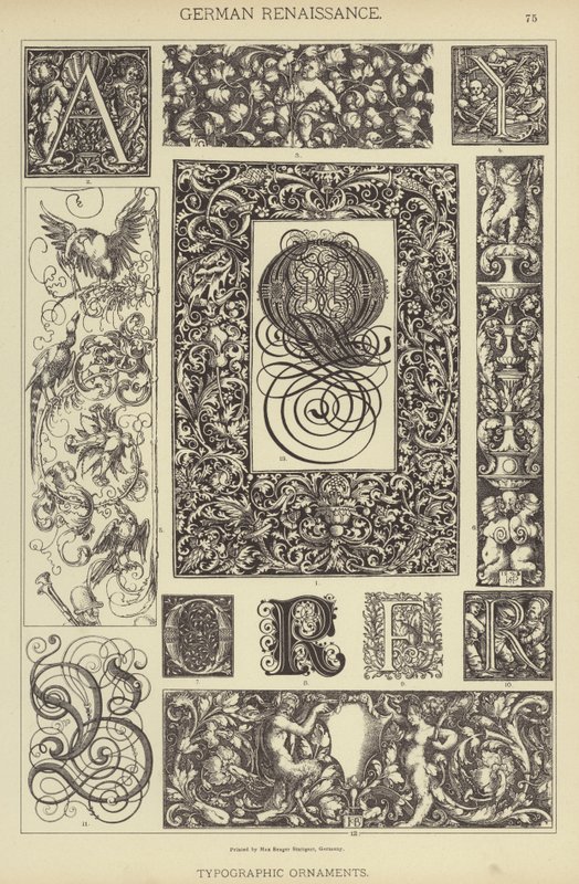 Niemiecki renesans, ozdoby typograficzne (kolor lito) autorstwa German School