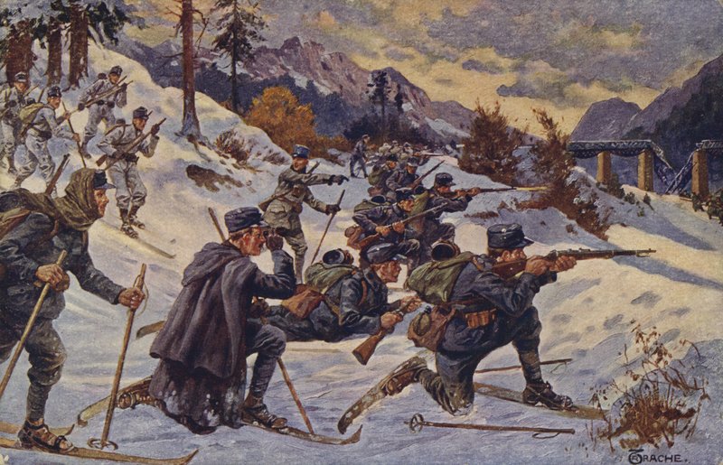 Niemieckie i austriackie oddziały narciarskie na Przełęczy Dukielskiej, Karpaty, I wojna światowa autorstwa German School