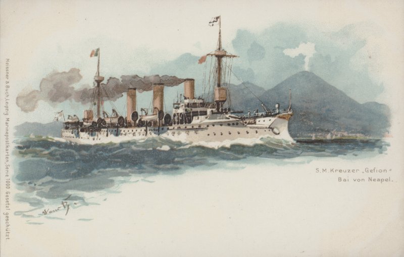 Niemiecki krążownik Gefion w Zatoce Neapolitańskiej, Włochy (chromolitho) autorstwa German School