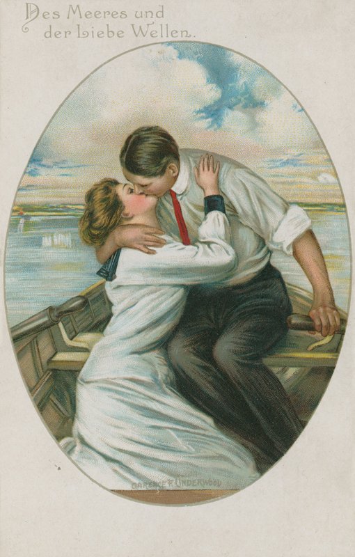 Niemiecka kobieta i mężczyzna całujący się w łódce, pocztówka wysłana 10 września 1913 autorstwa German School