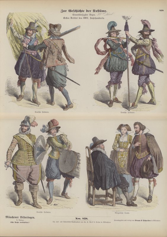 Niemieckie stroje wojskowe i burżuazyjne, początek XVII w. (kolorowa grawerunek) autorstwa German School