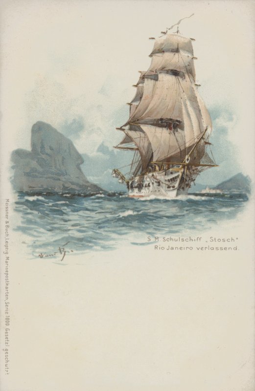 Niemiecki statek szkolny Stosch opuszcza Rio de Janeiro, Brazylia (chromolitho) autorstwa German School