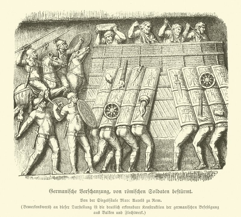 Germańskie fortyfikacje atakowane przez rzymskich żołnierzy (rycina) autorstwa German School