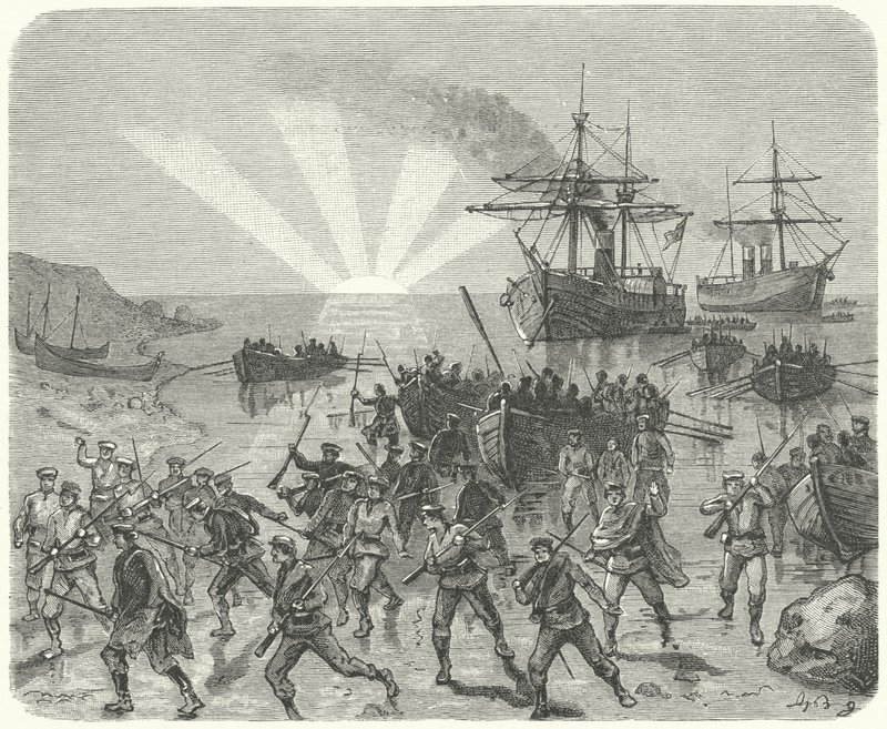 Giuseppe Garibaldi ląduje w Marsali na Sycylii autorstwa German School