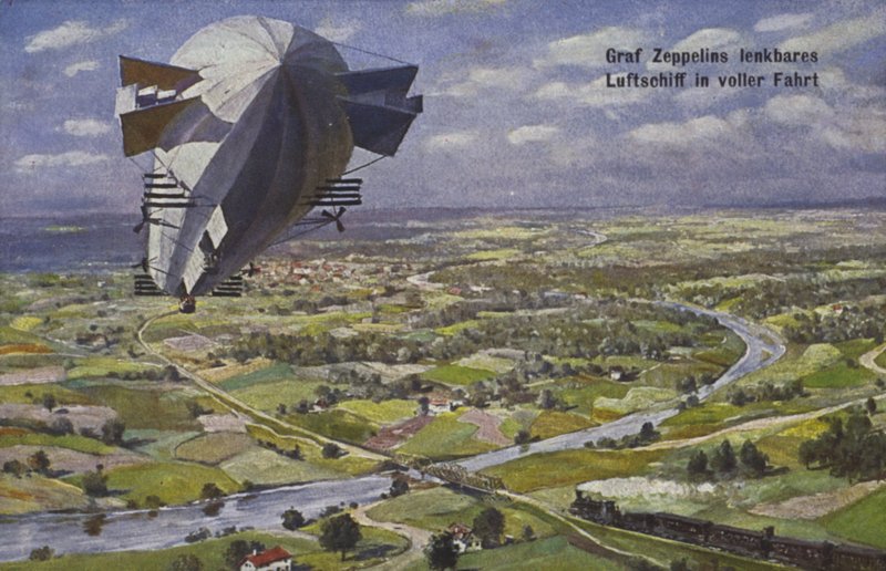 Sterowiec hrabiego Ferdynanda von Zeppelina w locie autorstwa German School
