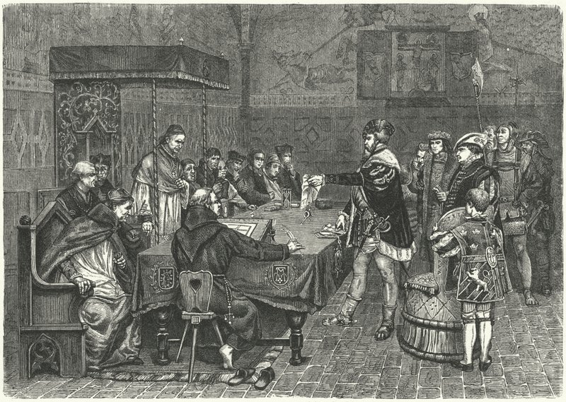 Gustaw I Waza, król Szwecji, konfrontacja z Peterem Sunnanvaderem, biskupem Vasteras autorstwa German School