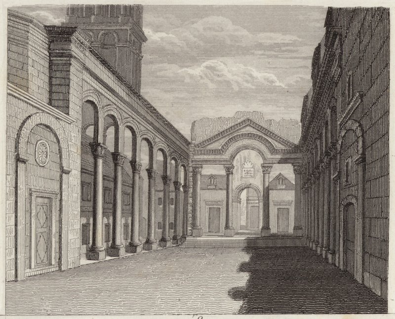 Sala Pałacu Cesarza Rzymskiego Dioklecjana, Spalato (Split, Chorwacja). Ilustracja do Atlasu Bilder (grawerowanie) autorstwa German School
