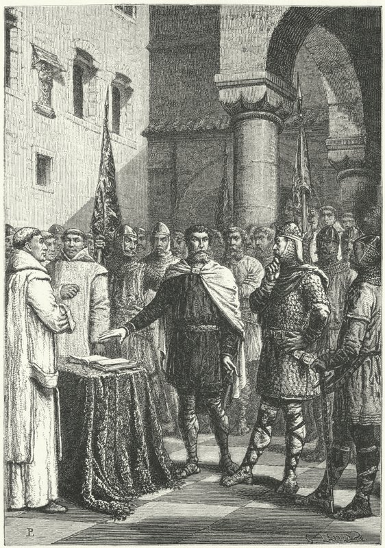 Harold Godwinson składa przysięgę, która obiecuje poprzeć roszczenia Wilhelma Normandii do tronu angielskiego autorstwa German School