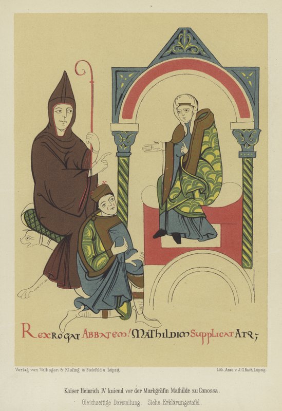 Henryk IV, cesarz rzymski, klęczący przed margrabiną Matyldą z Toskanii w Canossa autorstwa German School