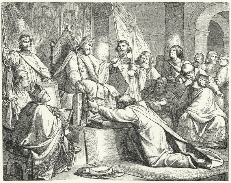 Henryk Lew, książę Saksonii, poddający się Fryderykowi Barbarossie w Erfurcie autorstwa German School