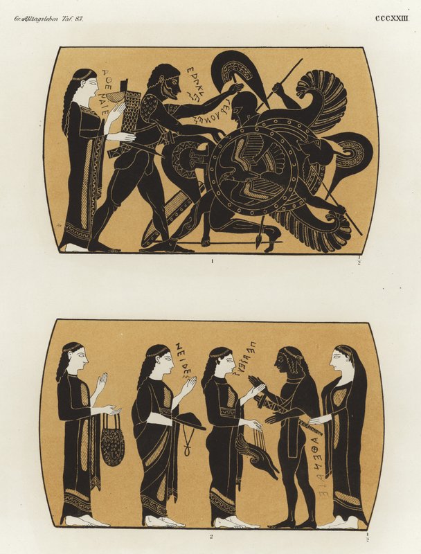Herkules walczący z Gerionem i Perseuszem otrzymujący prezenty, by pokonać Meduzę autorstwa German School