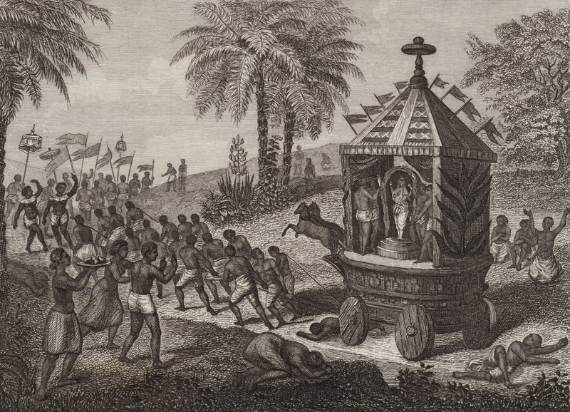 Hinduscy wyznawcy ciągnący samochód molocha w starożytnych Indiach. Ilustracja do Atlasu Bilder (grawerowanie) autorstwa German School