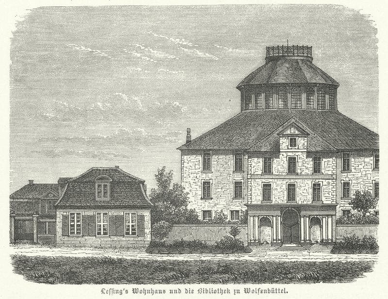 Dom niemieckiego filozofa i dramaturga Gottholda Ephraima Lessinga oraz biblioteka w Wolfenbuettel (grafika) autorstwa German School