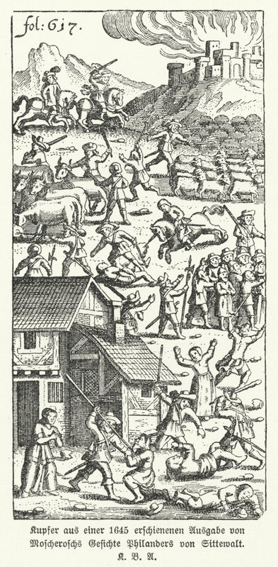 Ilustracja z wydania satyrycznego niemieckiego pisarza Johanna Michaela Moscheroscha z 1645 r. Cudowne i prawdziwe wizje Philandera von Sittewalda (lito) autorstwa German School
