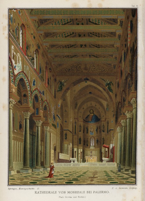 Wnętrze, Katedra Monreale, Palermo, Sycylia, Włochy (kolor lito) autorstwa German School
