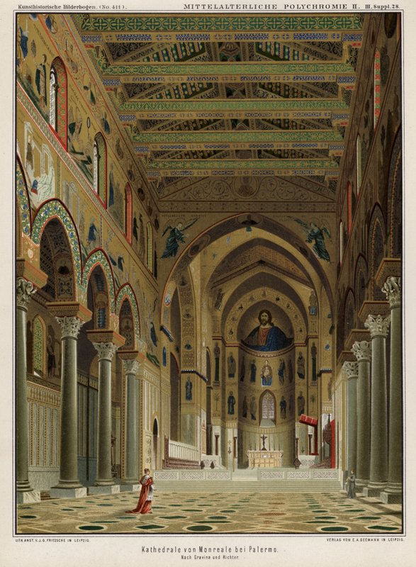 Wnętrze katedry Monreale, Palermo, Sycylia, Włochy (kolor litho) autorstwa German School