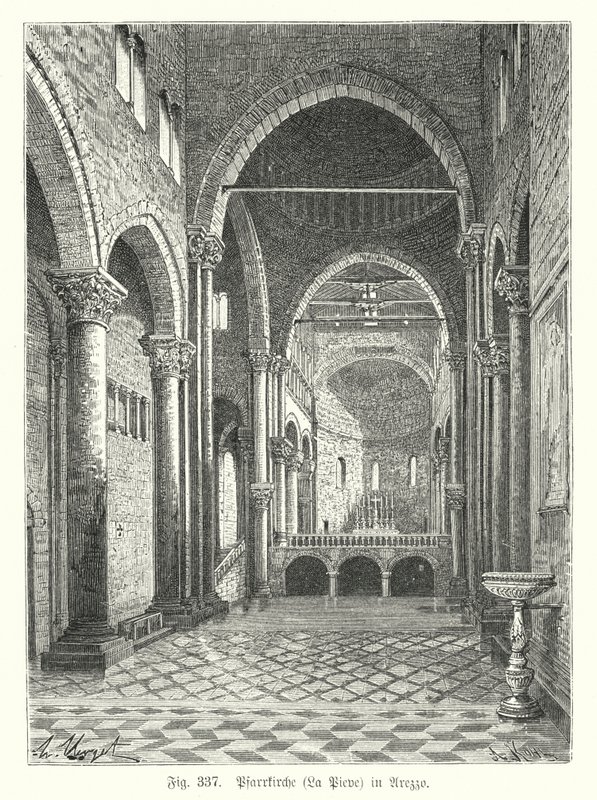 Wnętrze kościoła Santa Maria della Pieve, Arezzo, Włochy (grafika) autorstwa German School