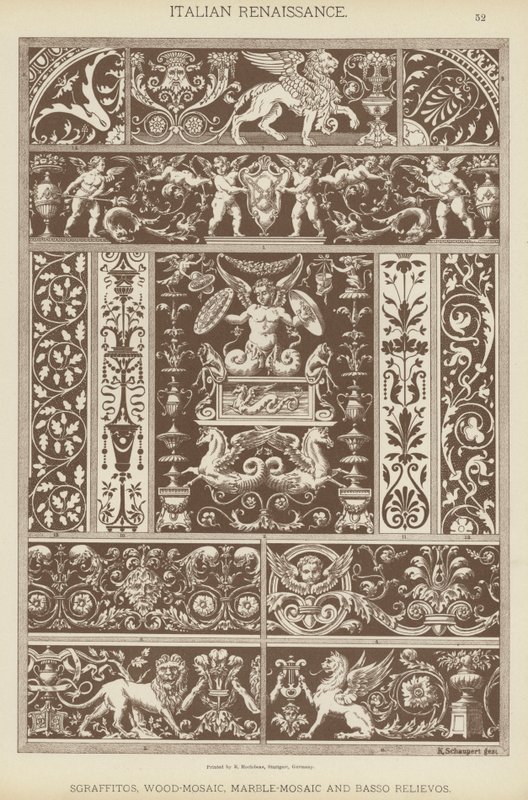 Włoski Renesans, Sgraffito, Mozaika Drewna, Mozaika Marmurowa i Relievos Basso (kolor lito) autorstwa German School