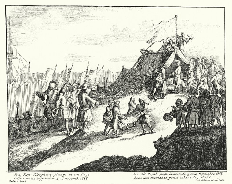 Jakub II z Anglii spędza noc z 15 na 16 listopada 1688 w chacie ubogiego rybaka (ryty) autorstwa German School