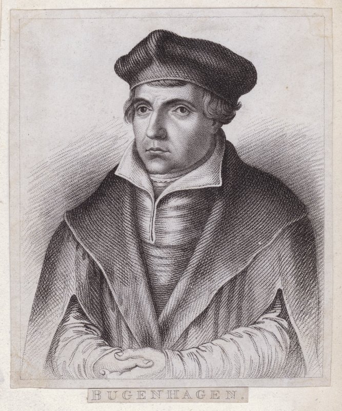 Johannes Bugenhagen (Doktor Pomeranus), niemiecki ksiądz i teolog, który wprowadza reformację protestancką na Pomorze i w Danii (ryty) autorstwa German School