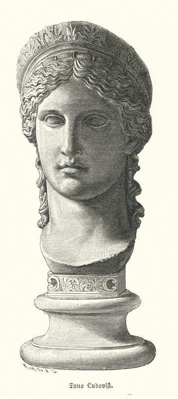 Juno Ludovisi, starożytna rzymska kolosalna marmurowa głowa przedstawiająca Antoninę Minor, córkę Marka Antoniusza i Oktawii Minor, jako boginię Juno (rycina) autorstwa German School