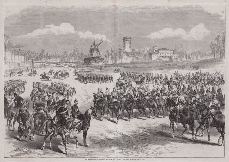 Kaiser Wilhelm I z Niemiec obserwujący paradę wojskową w Longchamp, Paryż, Francja, marzec 1871 (rycina) autorstwa German School