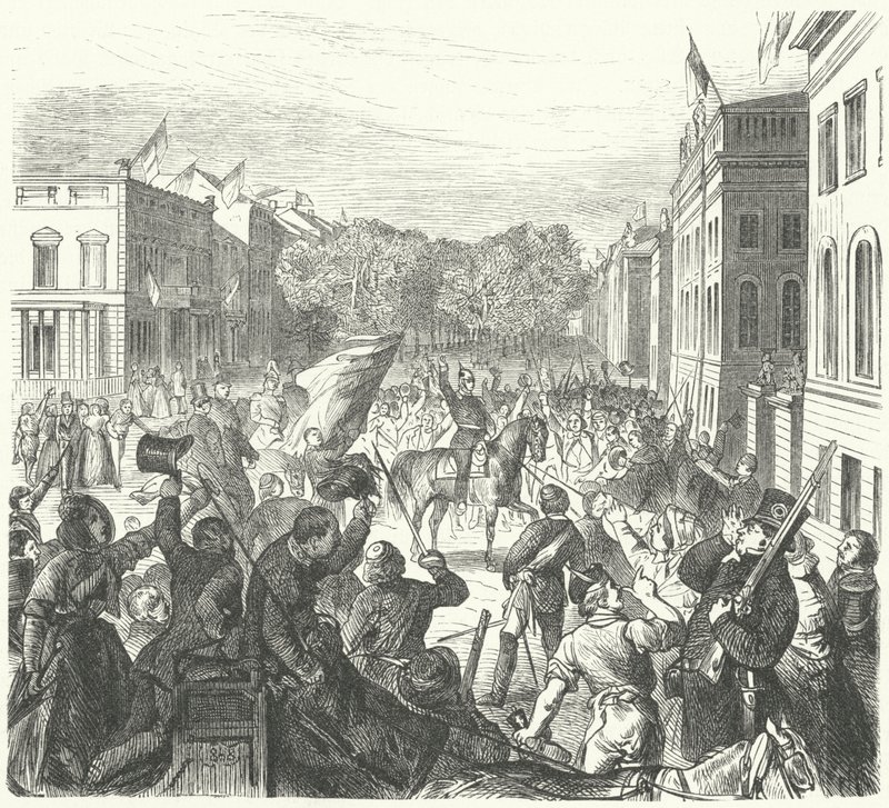 Król pruski Fryderyk Wilhelm IV przejeżdża obok Uniwersytetu Berlińskiego w drodze na masowy pogrzeb cywilów poległych w zamieszkach, 21 marca 1848 (rycina) autorstwa German School
