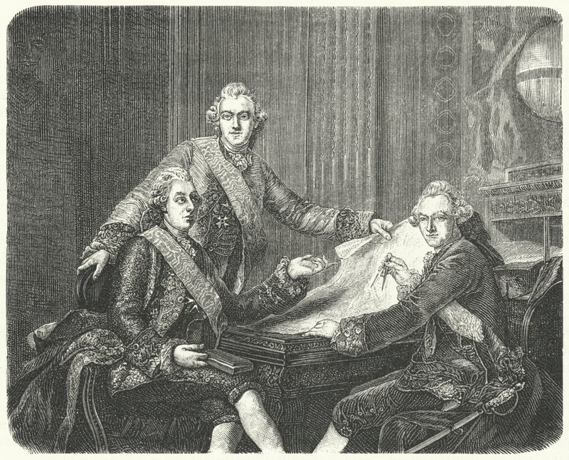 Król Szwecji Gustaw III w porozumieniu z braćmi Karolem i Fryderykiem Adolfem (rycina) autorstwa German School