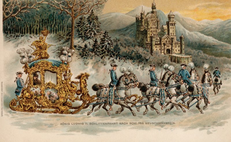 Król Ludwik II Bawarski podróżujący do zamku Neuschwanstein w złotych saniach (chromolitografia) autorstwa German School
