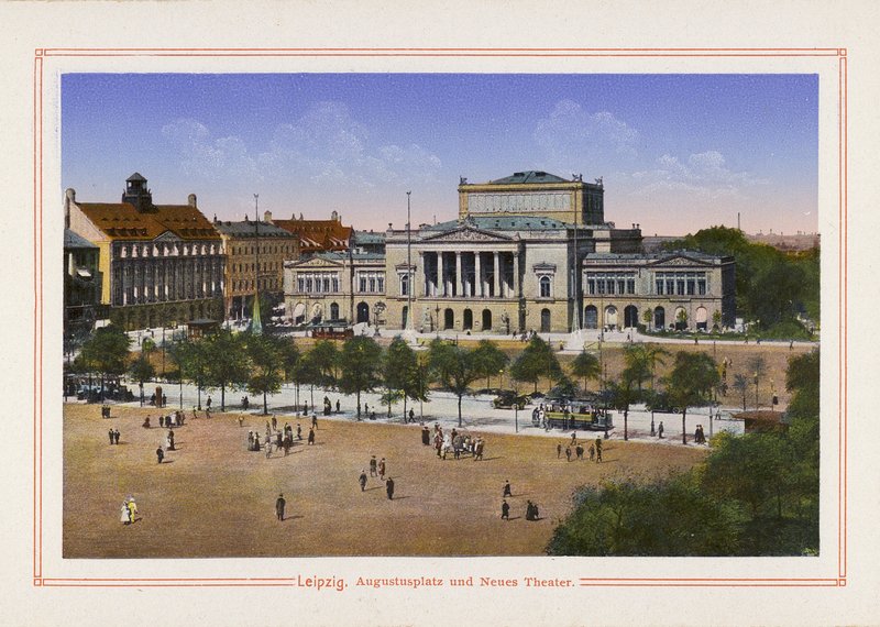 Lipsk, Augustusplatz i Neues Theater (kolorowa litografia) autorstwa German School