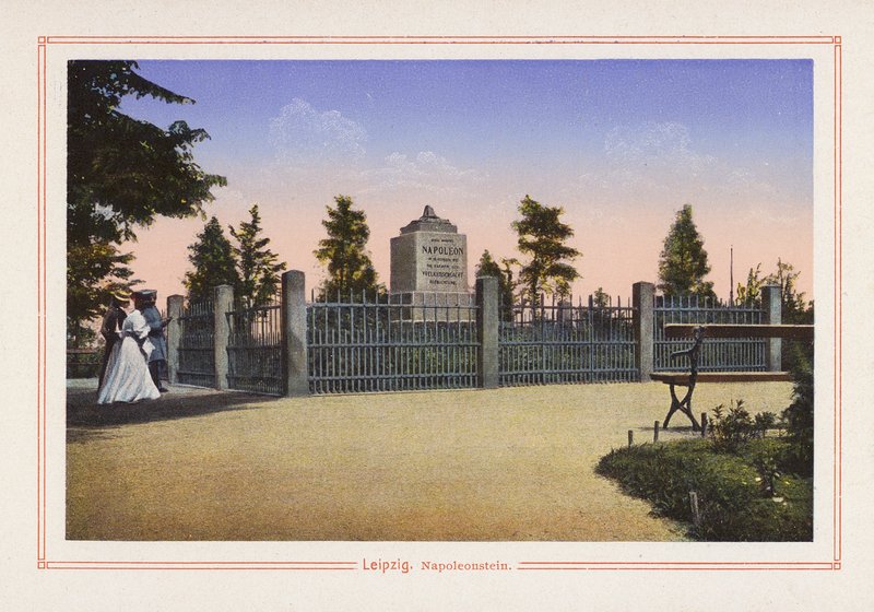 Lipsk, Napoleonstein (kolorowa litografia) autorstwa German School
