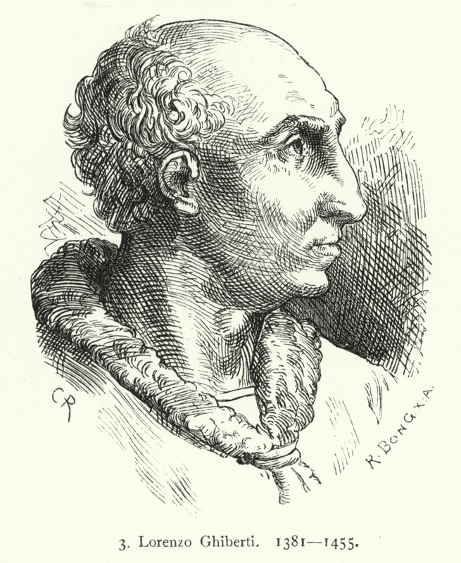 Lorenzo Ghiberti, florencki artysta wczesnego renesansu, który zaprojektował brązowe drzwi do baptysterium we Florencji (grafika) autorstwa German School