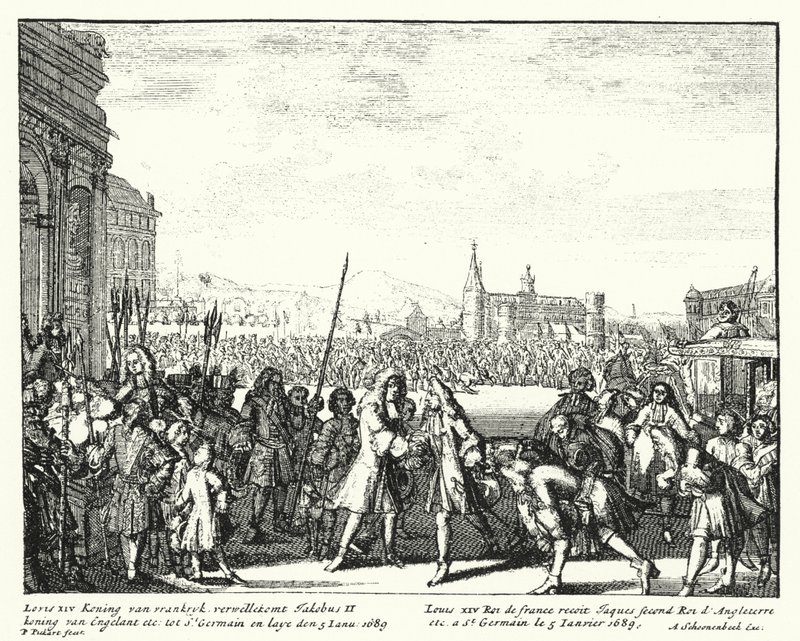 Ludwik XIV z Francji witający Jakuba II z Anglii na wygnanie autorstwa German School