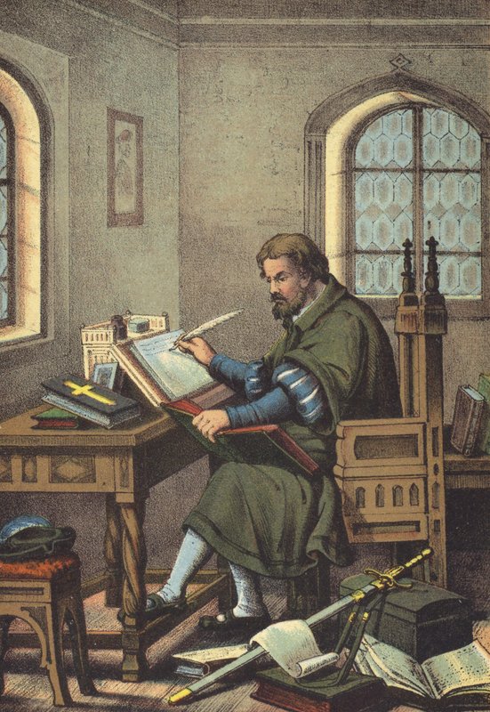 Luter przebrany za Junkera Jorga w przekładzie Wartburga Nowego Testamentu (chromolitho) autorstwa German School