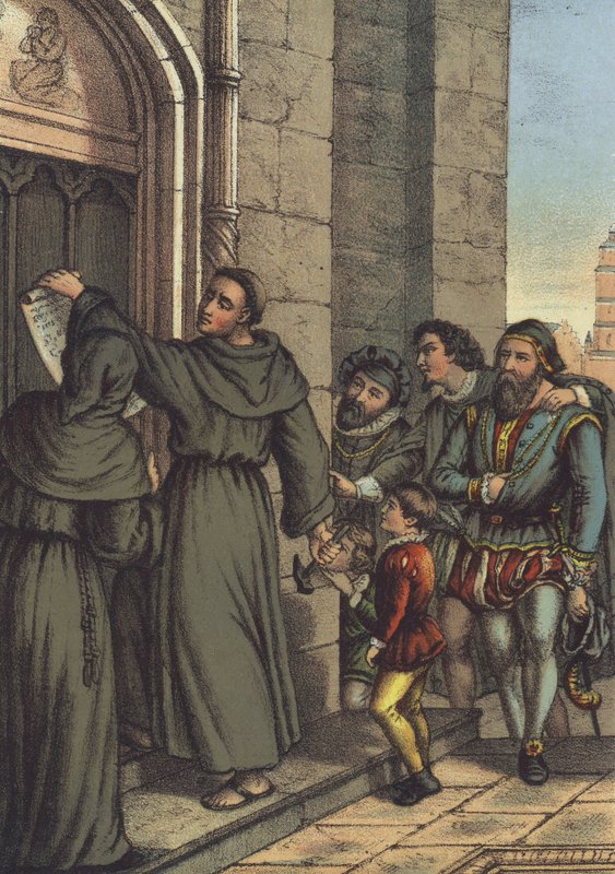 Luter przybijający 95 tez do drzwi kościoła Wszystkich Świętych w Wittenberdze (chromolitho) autorstwa German School