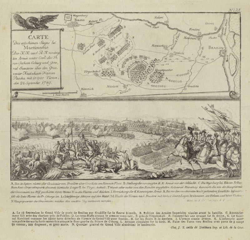 Mapa i ilustracja przedstawiająca bitwę pod Rymnikiem autorstwa German School