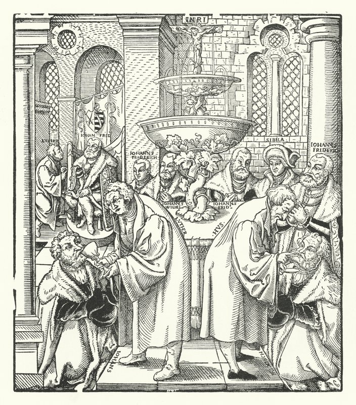 Marcin Luter i Jan Hus udzielający Komunii Świętej saskiej rodzinie królewskiej (rycina) autorstwa German School
