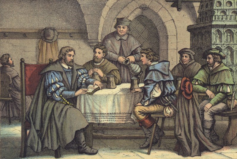 Marcin Luter w rozmowie ze studentami w Gasthof der Baren, Jena (chromolitho) autorstwa German School