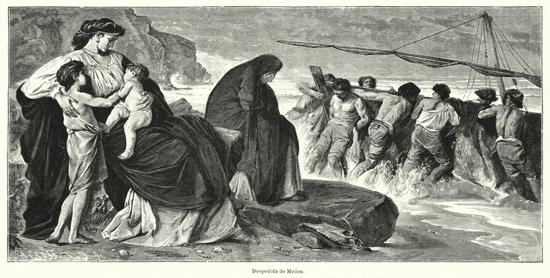 Pożegnanie Medei: scena ze starożytnej greckiej tragedii Eurypidesa Medea, oparta na legendzie o Medei i Jazonie (lito) autorstwa German School